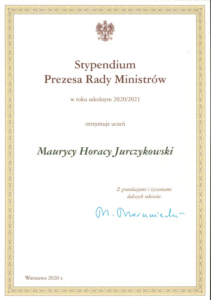 Dyplom stypendium prezesa Rady Ministrów