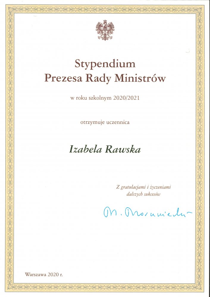 Dyplom stypendium prezesa Rady Ministrów